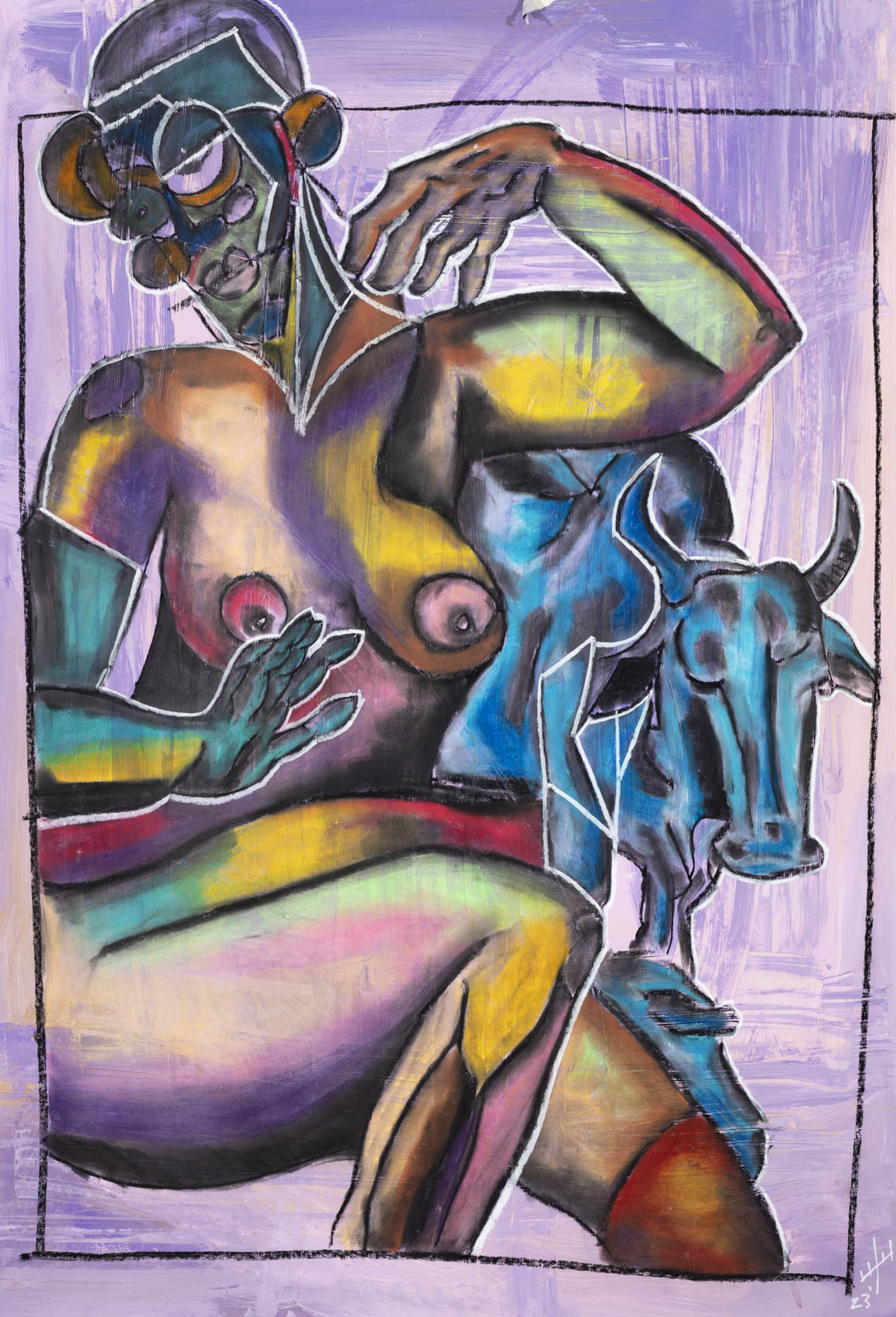 Woman and bull in field