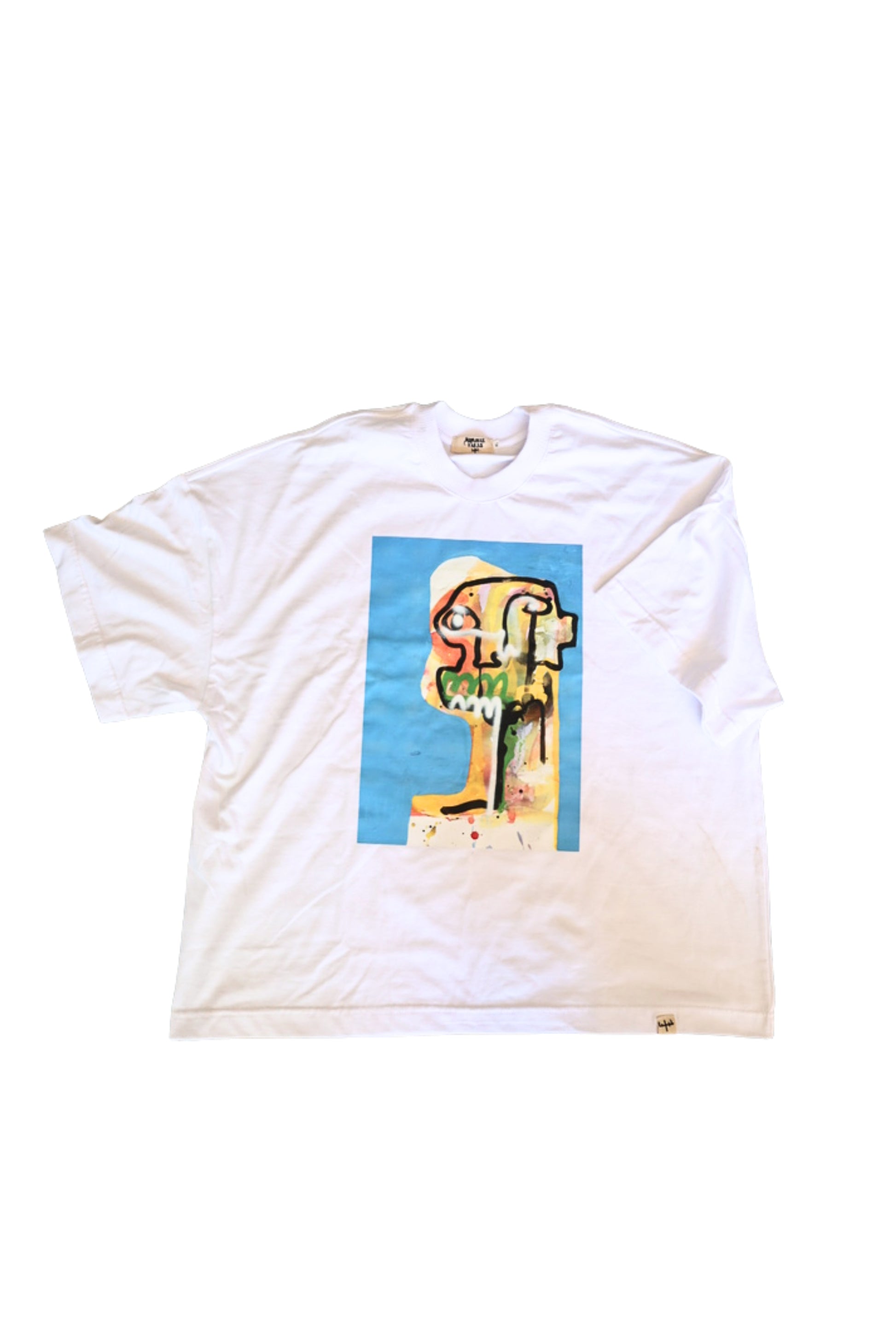 White t-shirt with a graphic design on a white background