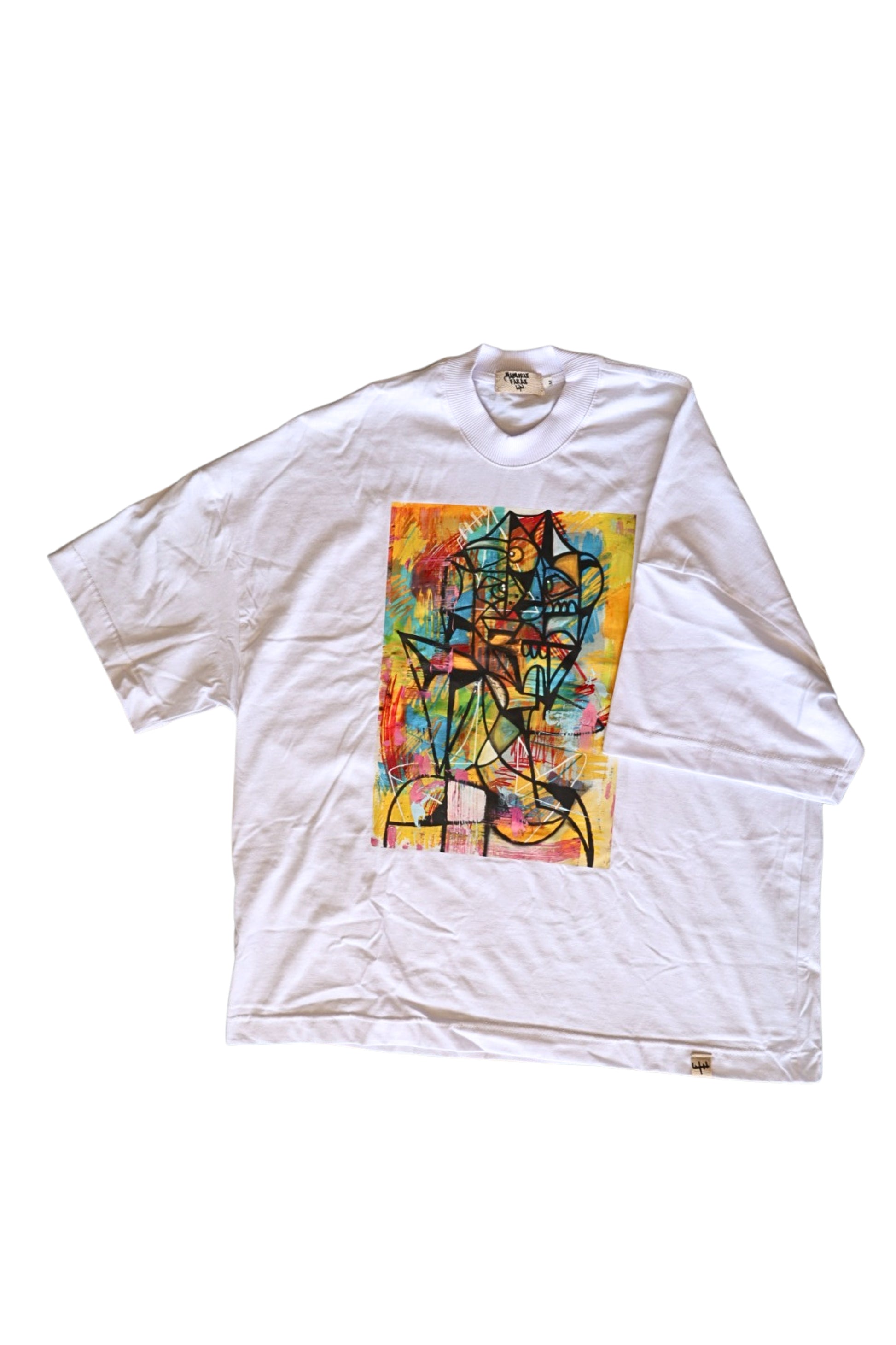 “Front view of ‘Energy in Motion’ box fit t-shirt by Samurai Farai on black background”