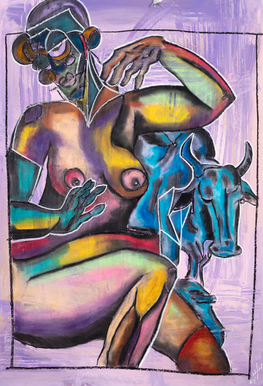 Woman and bull in field